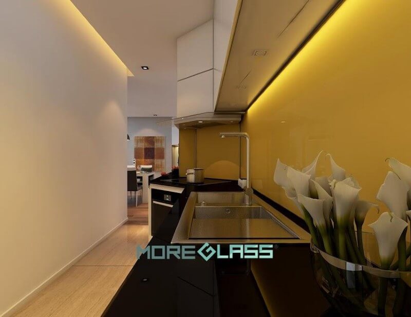 Sắp xếp!Bố trí mẫu kính ốp bếp màu vàng thư tươi tắn cho không gian nhà bếp thêm mới lạ đầy sức sống. Thiết kế phòng bếp chung cư hiện đại