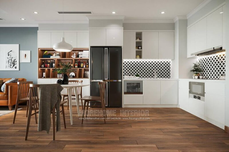 Hệ thống bếp được thiết kế với chất liệu gỗ công nghiệp thiết kế hiện đại và tiện nghi tủ bếp chung cư