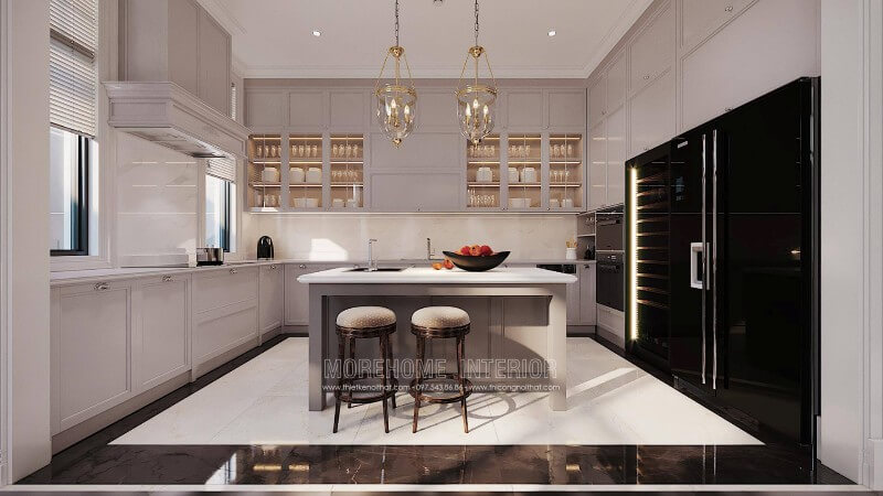 Morehome chuyên thiết kế và thi công sản xuất các mẫu tủ bếp biệt thự bằng gỗ công nghiệp. Khách hàng có nhu cầu đặt sản xuất tủ bếp hiện đại, vui lòng liên hệ với Morehome để được tư vấn và báo giá. Thiết kế và sản xuất tủ bếp đẹp
