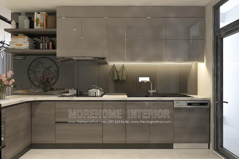 Tủ bếp gỗ công nghiệp mang vẻ đẹp hiện đại, đơn giản, với màu xám nhẹ nhàng làm toát lên sự tinh tế, hiện đại. Sản phẩm này đã và đang có mặt tại căn bếp của nhiều hộ gia đình Thiết kế và sản xuất tủ bếp đẹp