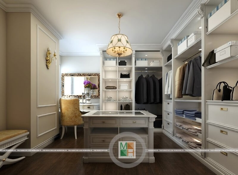 Thiết kế nội thất phòng thay đồ cho căn hộ chung cư Mandarin đẹp với tông màu trắng chủ đạo . Mẫu thiết kế nội thất chung cư đẹp