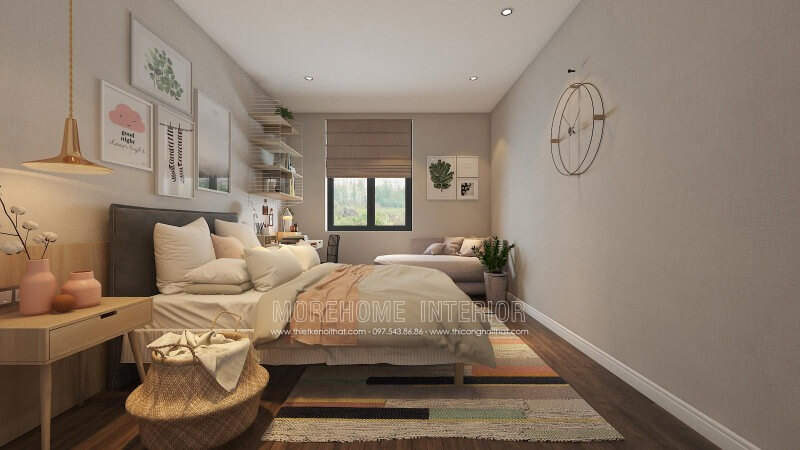 Trang trí nội thất phòng ngủ nữ tính với lối trang trí nhẹ nhàng pha chút sắc hồng lãng mạn từ tranh treo tường đáng yêu và lọ hoa sinh động. Thiết kế nội thất phòng ngủ biệt thự