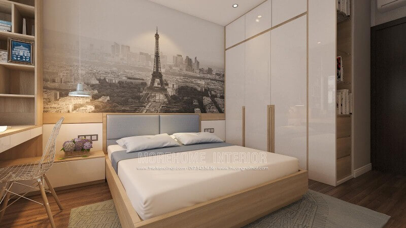 Ý tưởng sáng tạo trong thiết kế nội thất phòng ngủ nhỏ nhưng tiện ghi với tab đầu giường làm kệ trang trí, tủ quần áo lồng với kệ để đồ cùng đèn thả ấn tượng giúp không gian phòng ngủ luôn đẹp và thông thoáng. Thiết kế nội thất phòng ngủ biệt thự