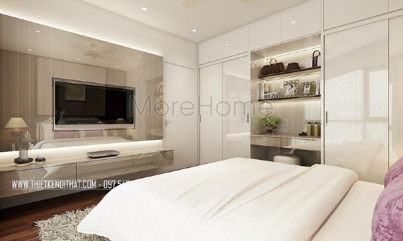 Kệ trang trí gỗ công nghiệp nhưng đẹp, sang trọng lựa chọn ấn tượng cho phòng ngủ master hiện đại. Thiết kế nội thất phòng ngủ biệt thự