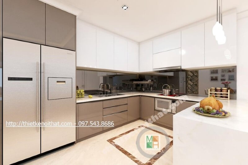 Tủ bếp đẹp được thiết kế theo kiểu dáng chữ u đầy mới lạ, các ngăn tủ được phân chia một cách khoa học giúp cho người nội trợ dễ dàng tạo cảm hứng hơn trong quá trình nấu nướng Tủ bếp hiện đại