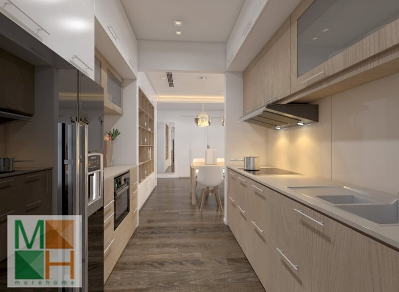 Với diện tích căn bếp nhỏ không còn là nỗi lo nếu chúng ta biết cách bố trí nội thất hợp lí và sử dụng hệ tủ bếp đa chức năng sát tường giúp tiết kiệm diện tích không gian Thiết kế tủ bếp chung cư