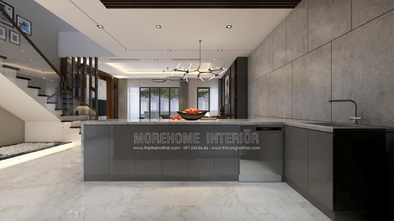 Thông thường bạn sẽ thấy khu vực bàn đảo sẽ nằm trong phòng bếp để có thể đáp ứng kịp thời nhu cầu ngay trong phòng bếp, điều này đòi hỏi phòng bếp phải khá rộng, nhưng nếu hẹp về bề ngang bạn vẫn có thể sở hữu không gian bếp đảo tuyệt đẹp như trong ý tưởng trang trí nội thất tại biệt thự Parkcity bởi Nội thất Morehome. Thiết kế phòng bếp, tủ bếp đẹp