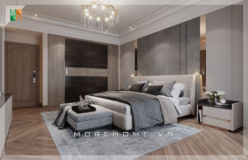 Mẫu giường ngủ bọc sofa rất cao cấp màu be tăng vẻ tiện nghi cho căn phòng ngủ thêm phần hiện đại