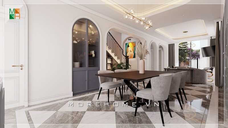 Mẫu thiết kế bàn ăn cho chung cư, nhà phố, biệt thự bộ 6 ghế bọc nỉ chân gỗ tự nhiên, kết hợp bàn ăn gỗ tự nhiên sang trọng