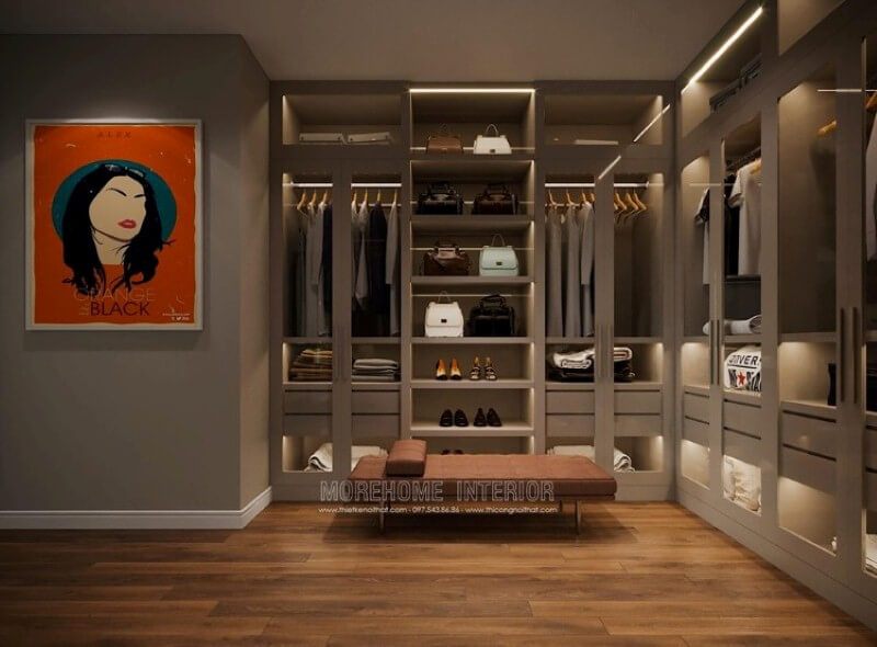 Tủ quần áo hiện đại đẹp, sang trọng với thiết kế mở từ hệ thống cửa kính trong suốt sẽ lựa chọn thông minh cho phòng thay đồ.