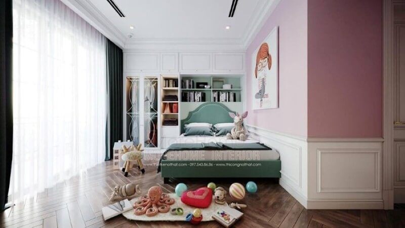 Tủ quần áo liền kệ để đồ đẹp, sang trọng co phòng bé gái.