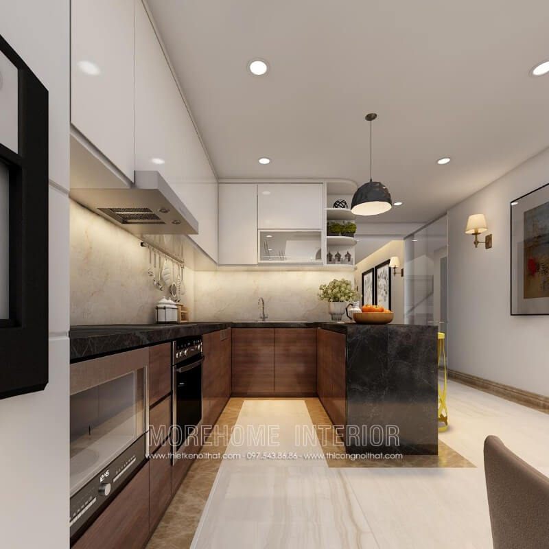 Tủ bếp chung cư hiện đại được thiết kế để kết hợp bản đảo, giúp tạo ra sự tiện nghi cho người nội trợ trong quá trình dùng bữa.