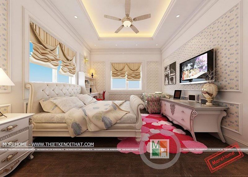 Kết hợp phong cách tân cổ điển sang trọng với các thiết kế nội thất phòng ngủ, trang trí rèm, đèn, quạt cổ điển để tạo nên không gian sang trọng, quý phái.