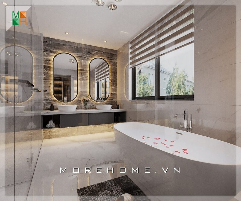 Trang trí nội thất phòng tắm biệt thự cao cấp, gam màu trắng chủ đạo tạo cảm giác thoáng đãng và tinh tế hơn cả