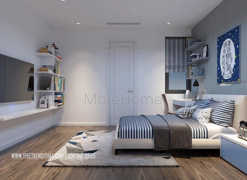 Kệ tivi liền kệ sách gỗ công nghiệp màu trắng với thiết kế độc đáo sẽ giúp tạo ra một môi trường hứng thú để học tập.